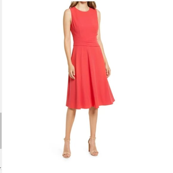 Eliza J Ruched Cocktail Wedding Guest Fit & Flare Cocktail Midi Dress Size 8 - Picture 1 of 4